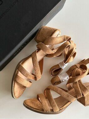 Guilty Soles Lace-Up Block Heels - Tan Suede - Size 8